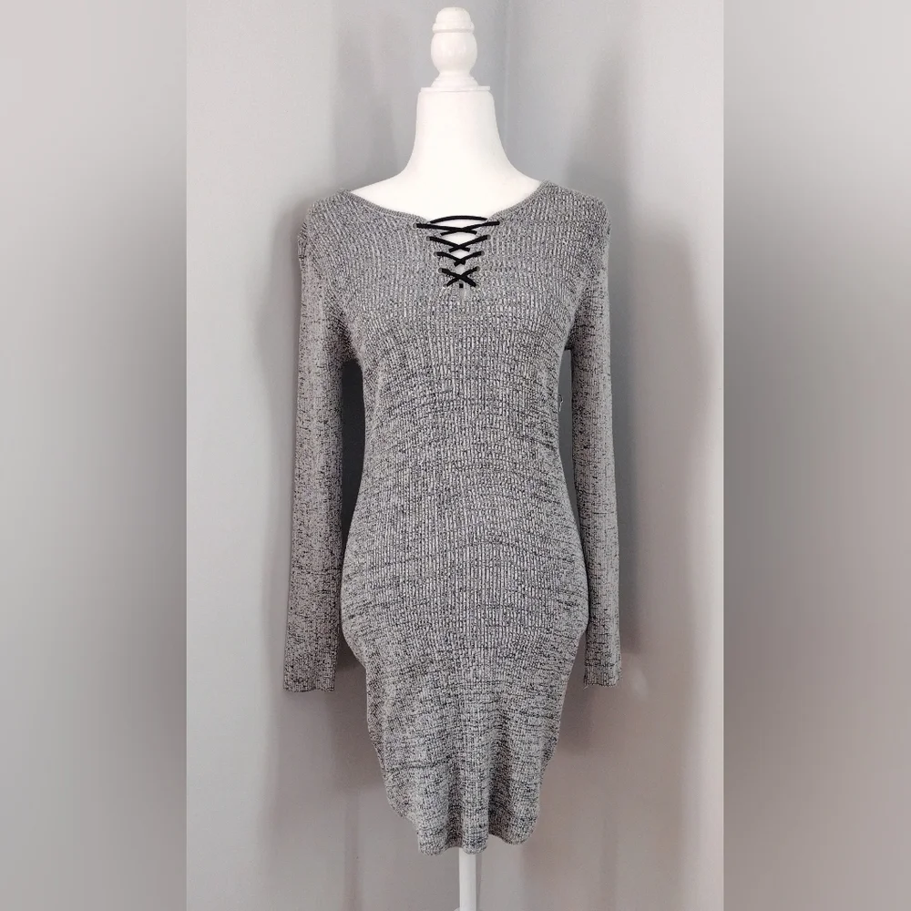 Black and Gray Bodycon Sweater Dress - Picture 1 of 5